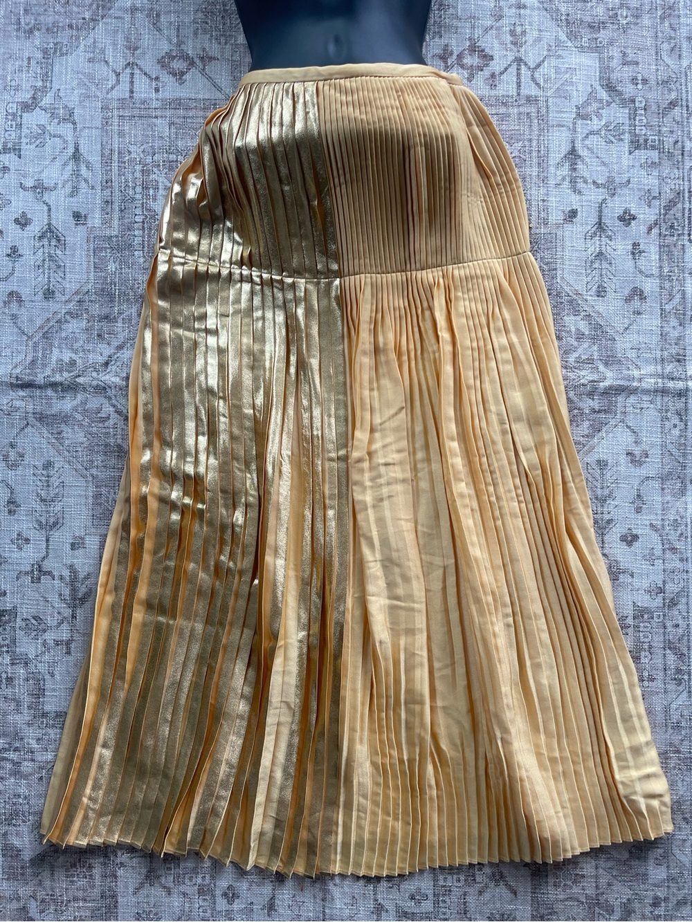 Stella McCartney Metallic Panelled Gold and Pale Yellow Pleated Midi Skirt
